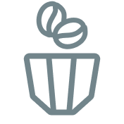 Grey coffee beans in cup icon.